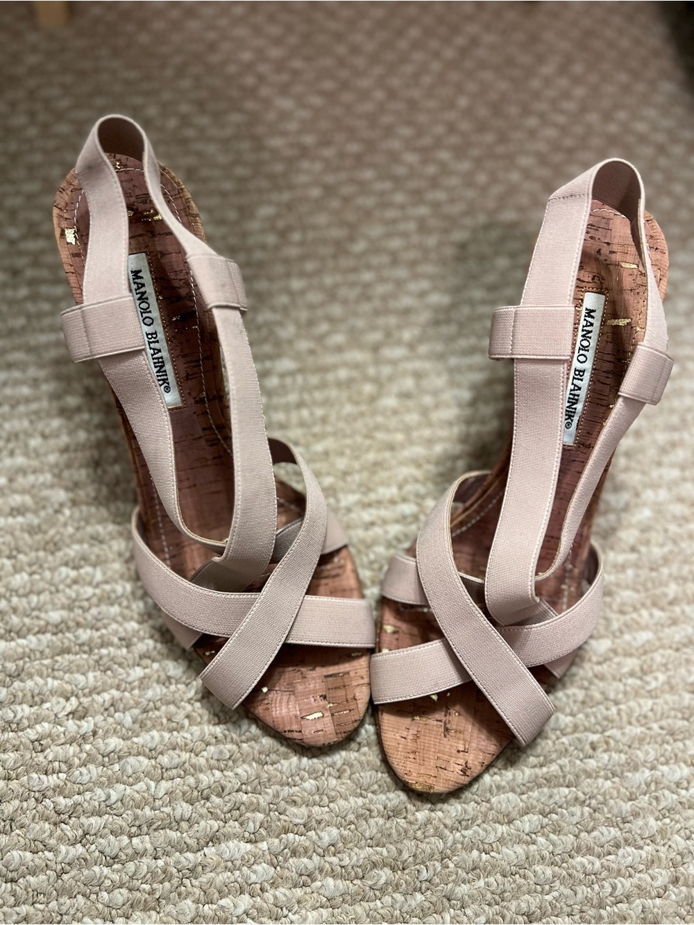 Manolo Blahnik Blush Pink Elastic Strap Cork Wedges